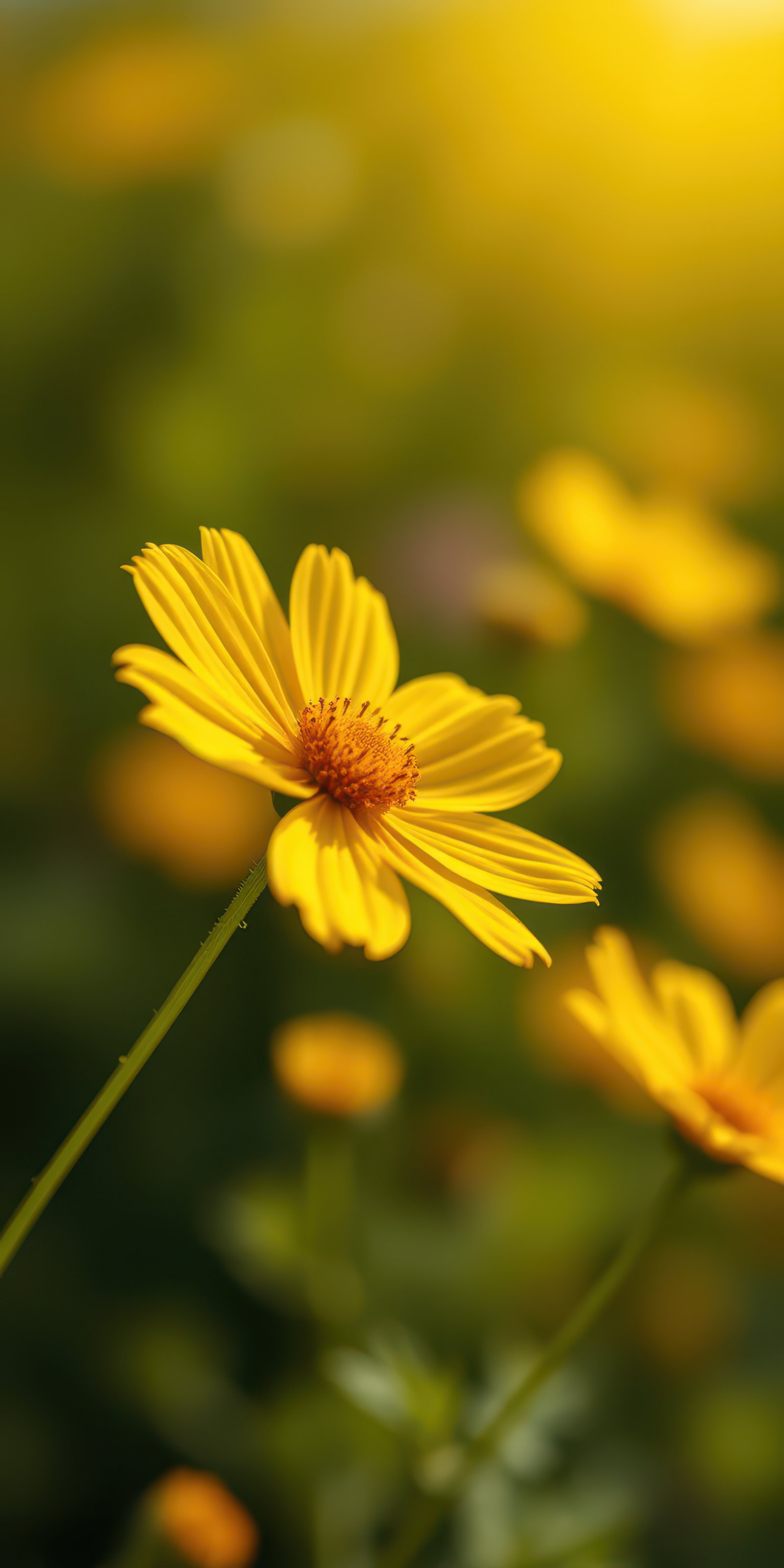 Bright yellow flowers bloom in a vibrant garden during golden hour, showcasing nature's beauty and tranquility